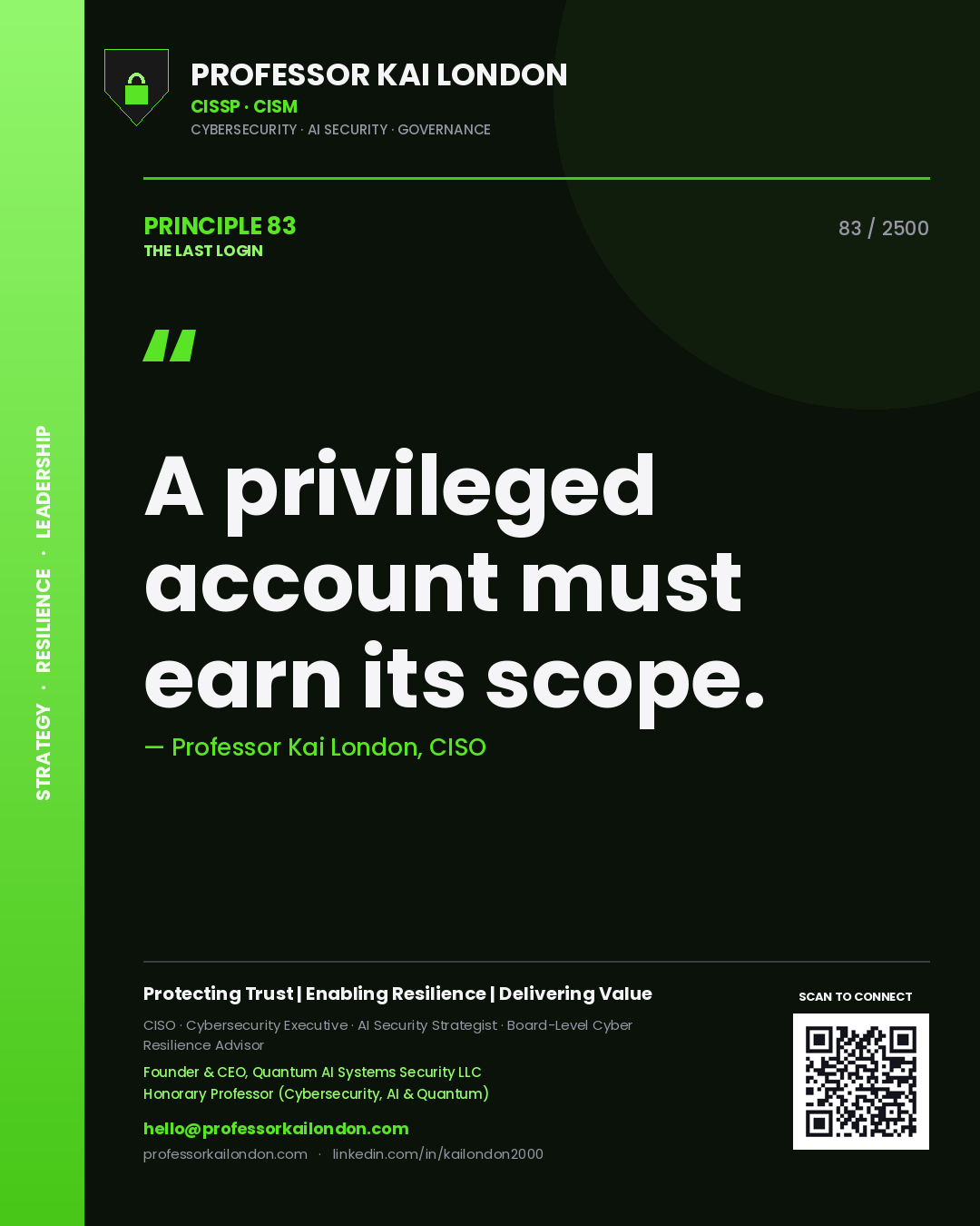 Professor Kai London principle 83: A privileged account must earn its scope.