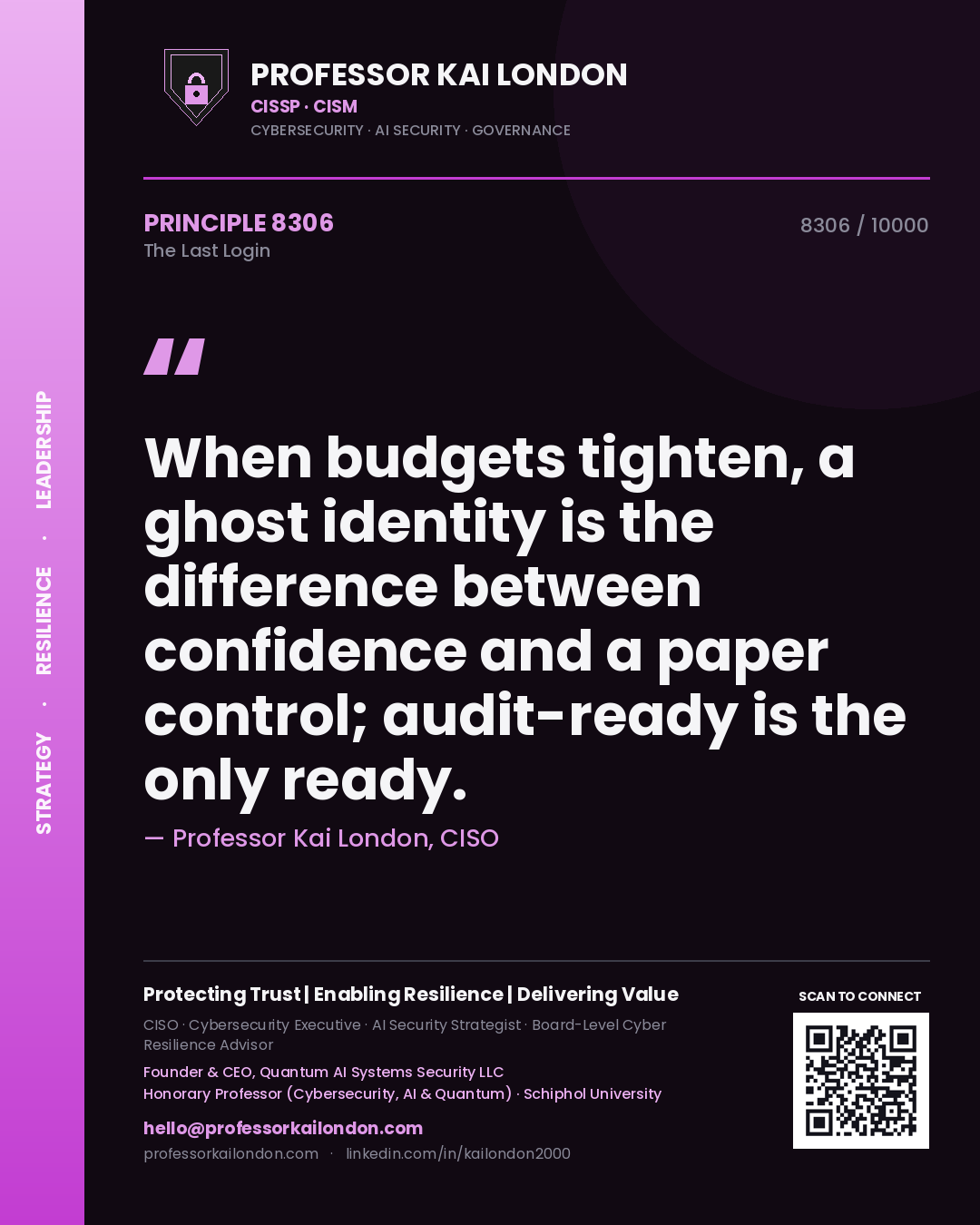 Quote card by Professor Kai London reading 'When budgets tighten, a ghost identity is the difference between confidence and a paper control; audit-ready is the only ready.'. From the book The Last Login.