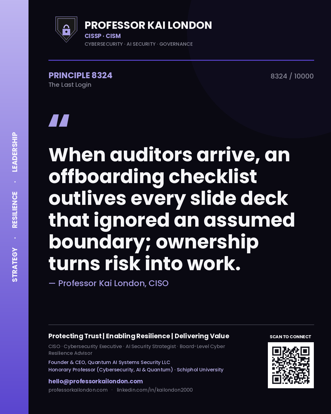 Quote card by Professor Kai London reading 'When auditors arrive, an offboarding checklist outlives every slide deck that ignored an assumed boundary; ownership turns risk into work.'. From the book The Last Login.