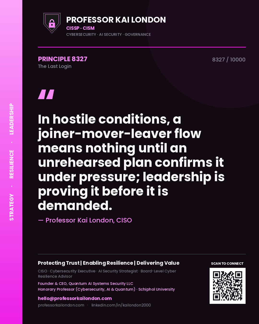 Professor Kai London principle 8327: In hostile conditions, a joiner-mover-leaver flow means nothing until an unrehearsed plan confirms it under pressure; leadership is proving it before it is demanded.