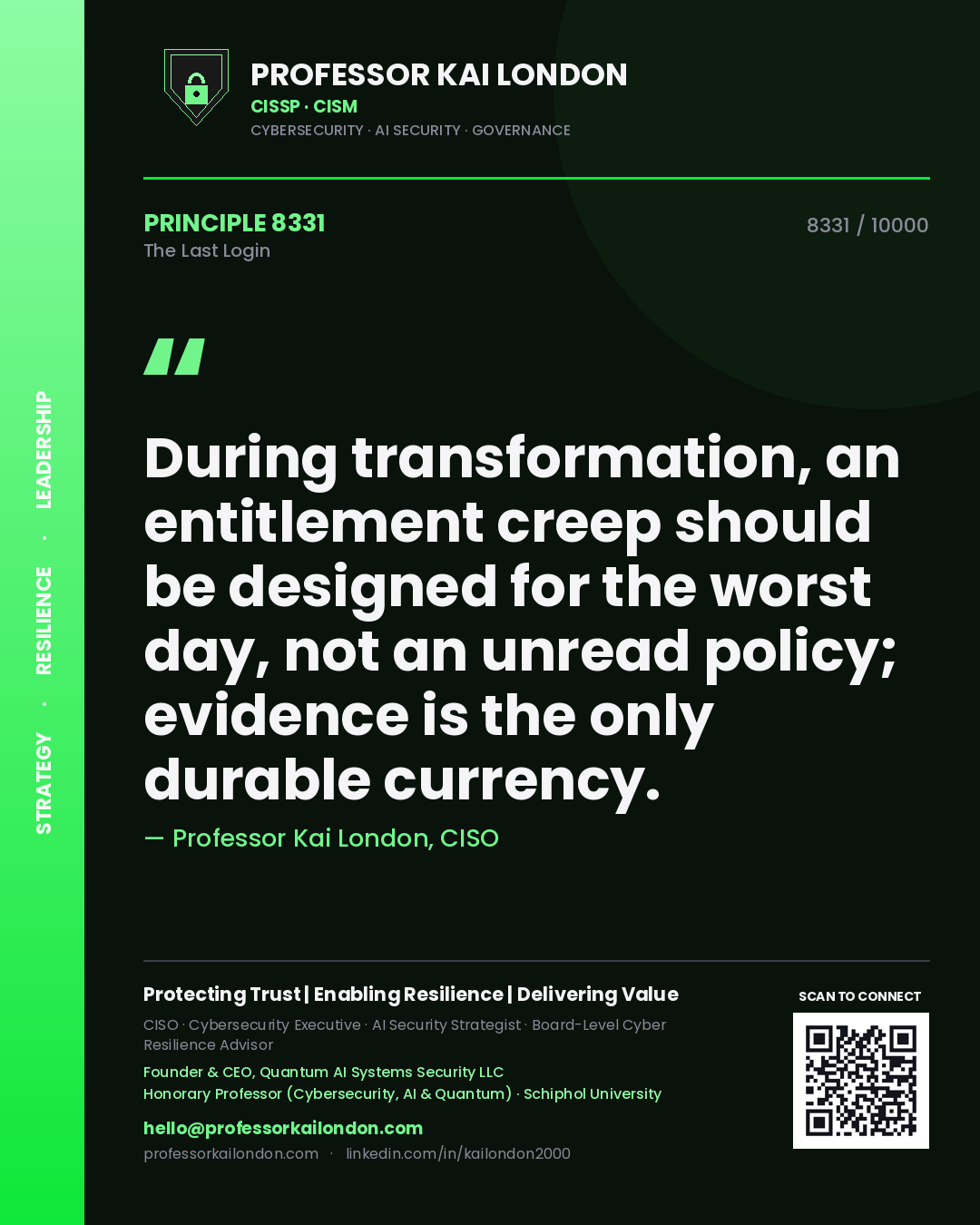 Professor Kai London principle 8331: During transformation, an entitlement creep should be designed for the worst day, not an unread policy; evidence is the only durable currency.