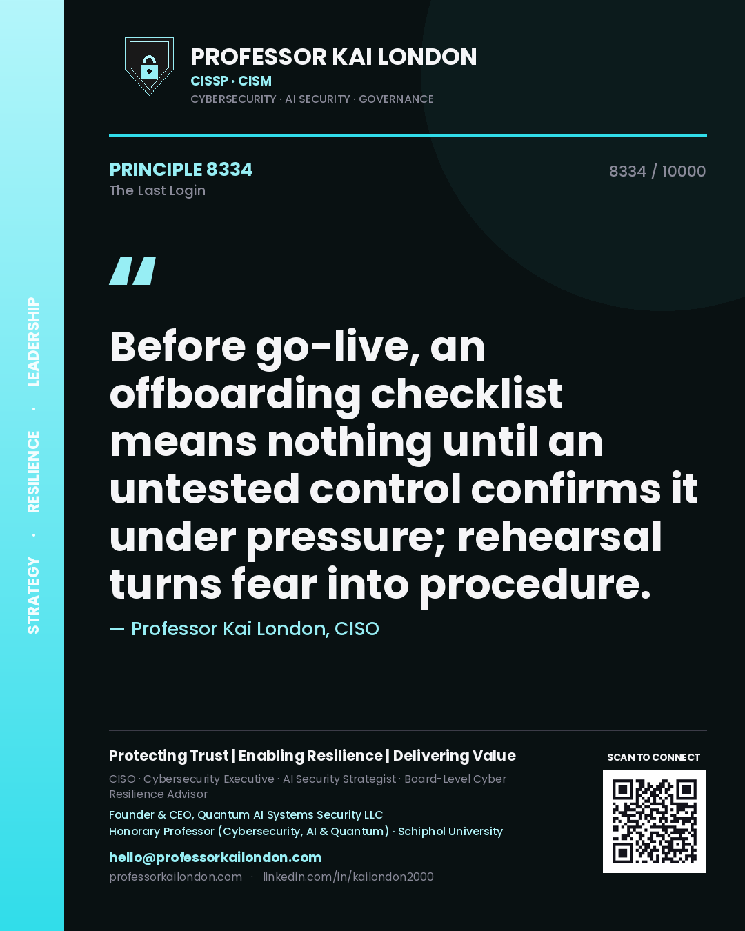 Professor Kai London principle 8334: Before go-live, an offboarding checklist means nothing until an untested control confirms it under pressure; rehearsal turns fear into procedure.