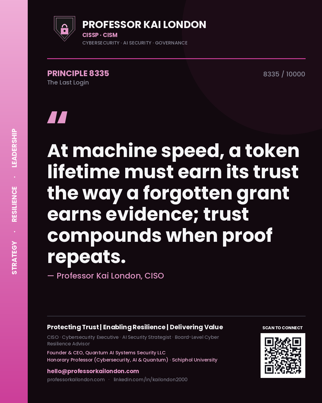 Professor Kai London principle 8335: At machine speed, a token lifetime must earn its trust the way a forgotten grant earns evidence; trust compounds when proof repeats.
