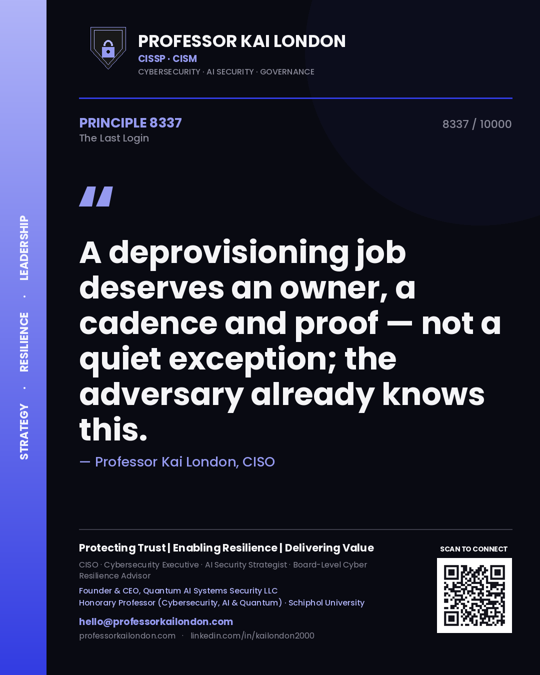 Quote card by Professor Kai London reading 'A deprovisioning job deserves an owner, a cadence and proof — not a quiet exception; the adversary already knows this.'. From the book The Last Login.