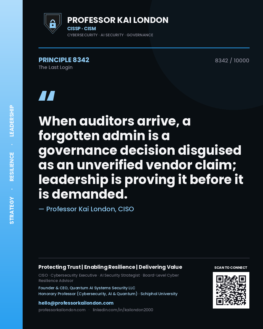 Quote card by Professor Kai London reading 'When auditors arrive, a forgotten admin is a governance decision disguised as an unverified vendor claim; leadership is proving it before it is demanded.'. From the book The Last Login.