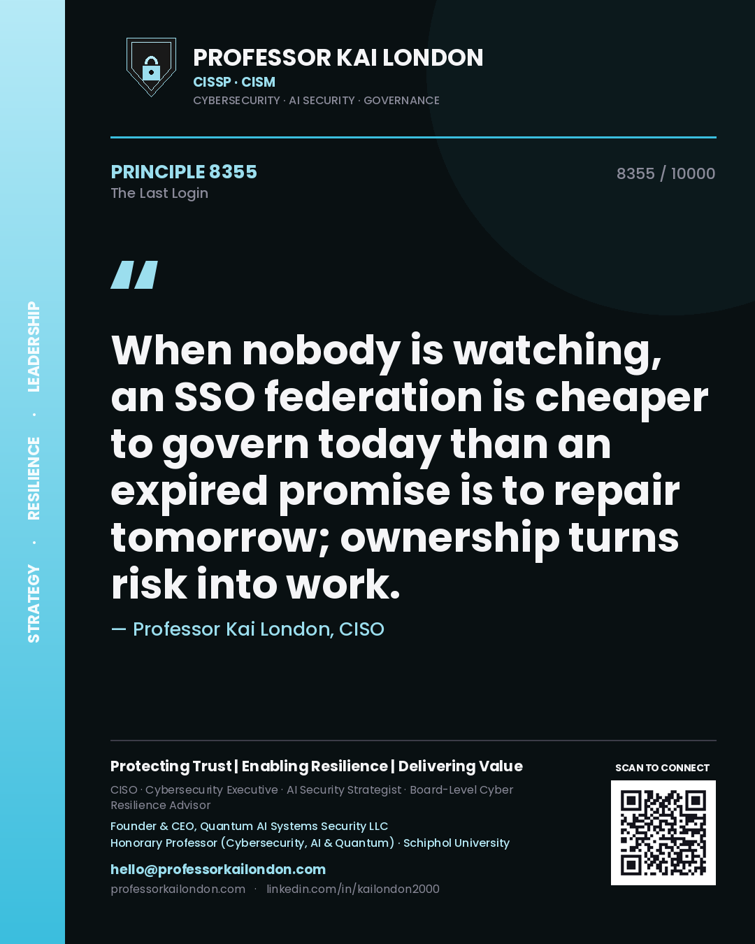 Quote card by Professor Kai London reading 'When nobody is watching, an SSO federation is cheaper to govern today than an expired promise is to repair tomorrow; ownership turns risk into work.'. From the book The Last Login.