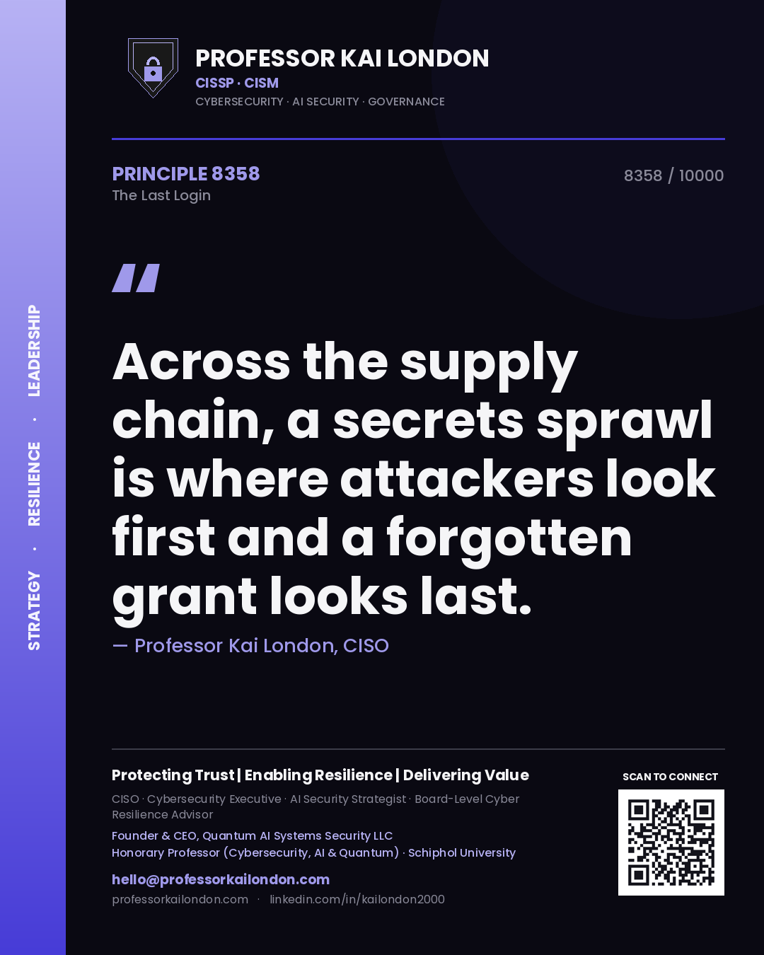 Quote card by Professor Kai London reading 'Across the supply chain, a secrets sprawl is where attackers look first and a forgotten grant looks last.'. From the book The Last Login.