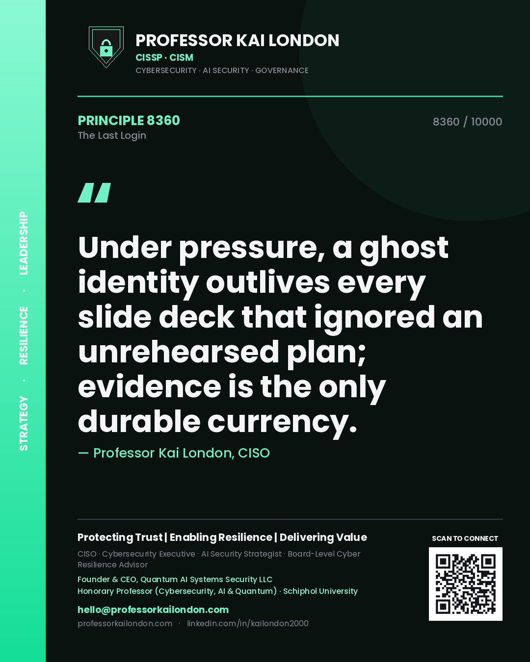 Quote card by Professor Kai London reading 'Under pressure, a ghost identity outlives every slide deck that ignored an unrehearsed plan; evidence is the only durable currency.'. From the book The Last Login.