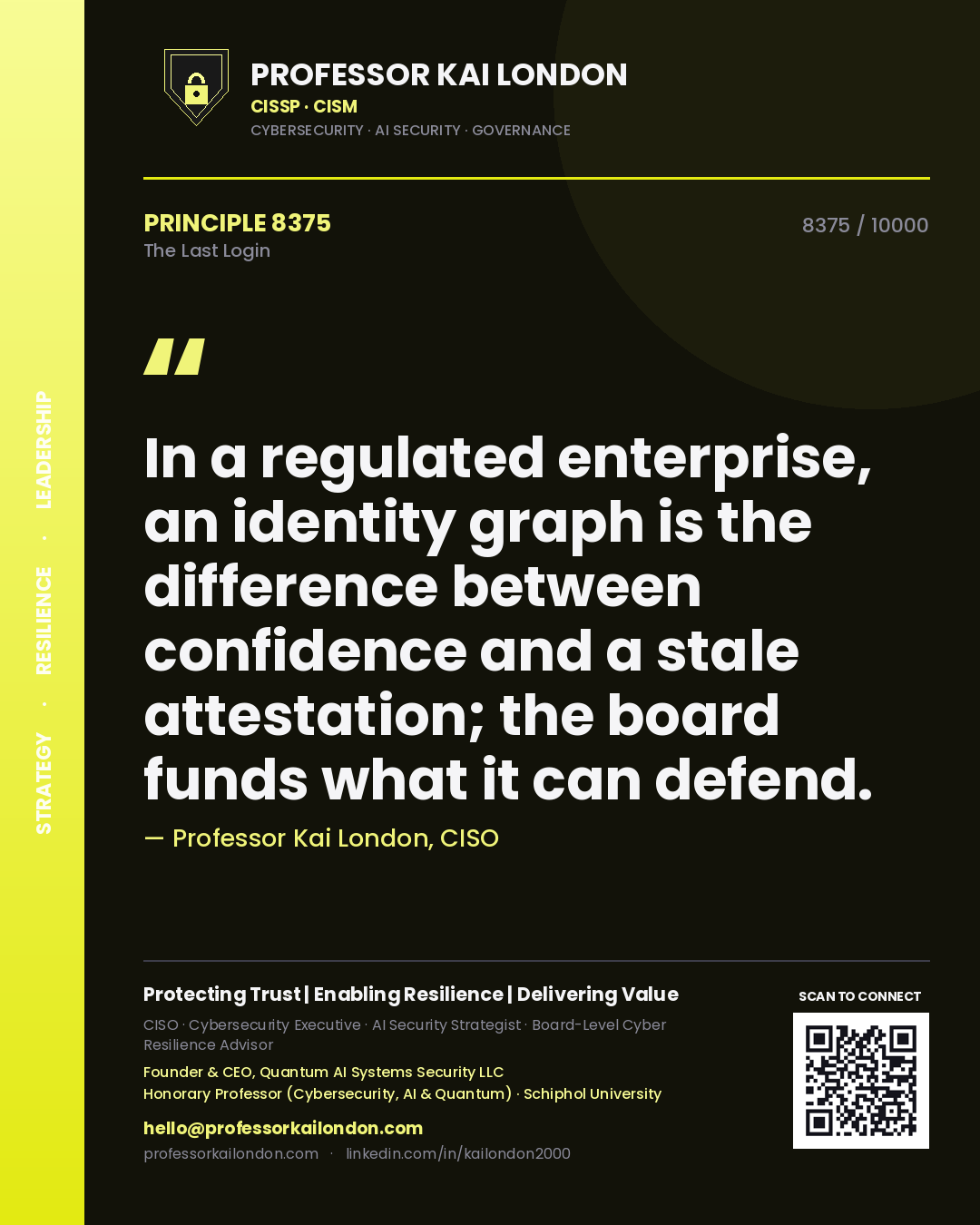 Quote card by Professor Kai London reading 'In a regulated enterprise, an identity graph is the difference between confidence and a stale attestation; the board funds what it can defend.'. From the book The Last Login.