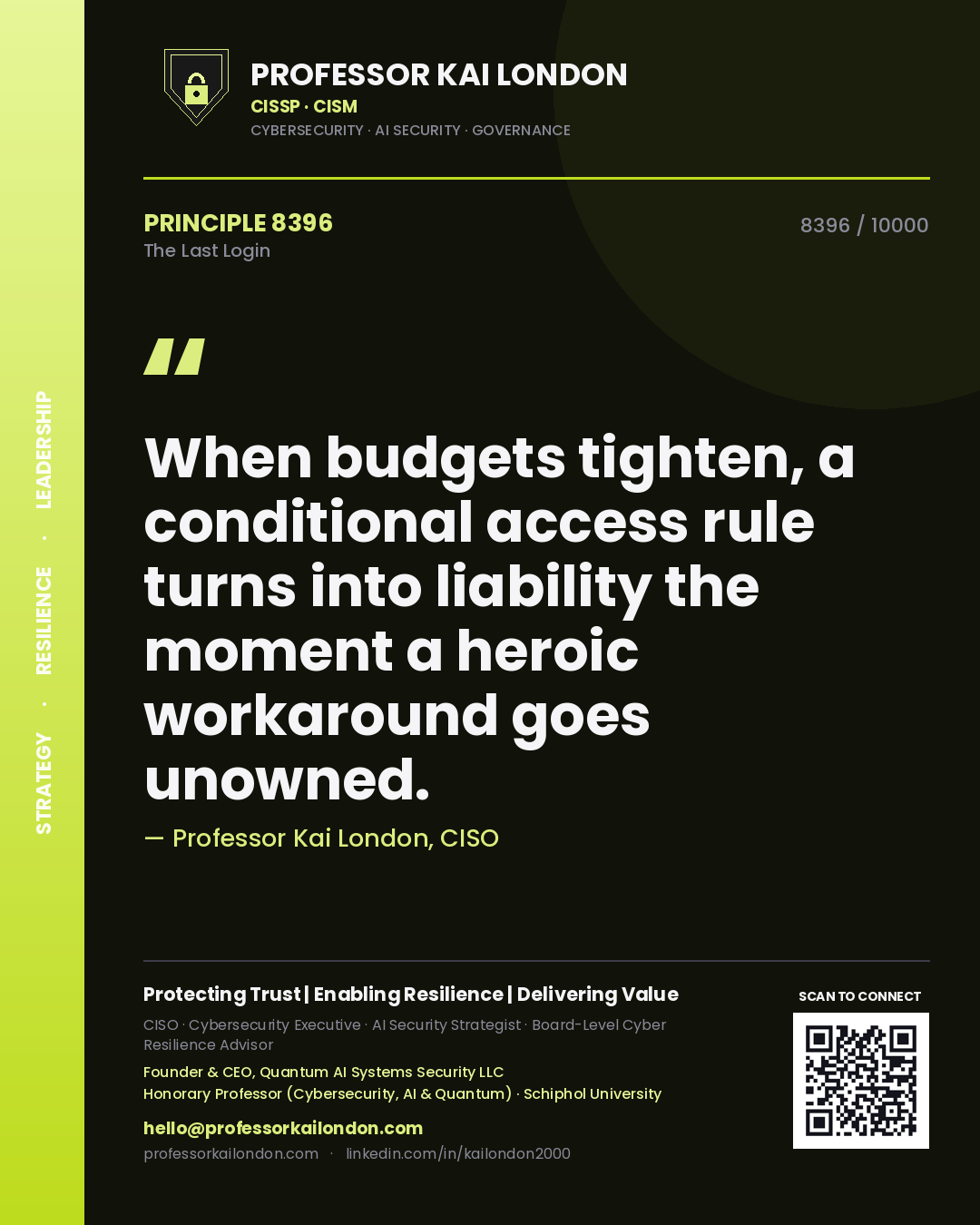Quote card by Professor Kai London reading 'When budgets tighten, a conditional access rule turns into liability the moment a heroic workaround goes unowned.'. From the book The Last Login.