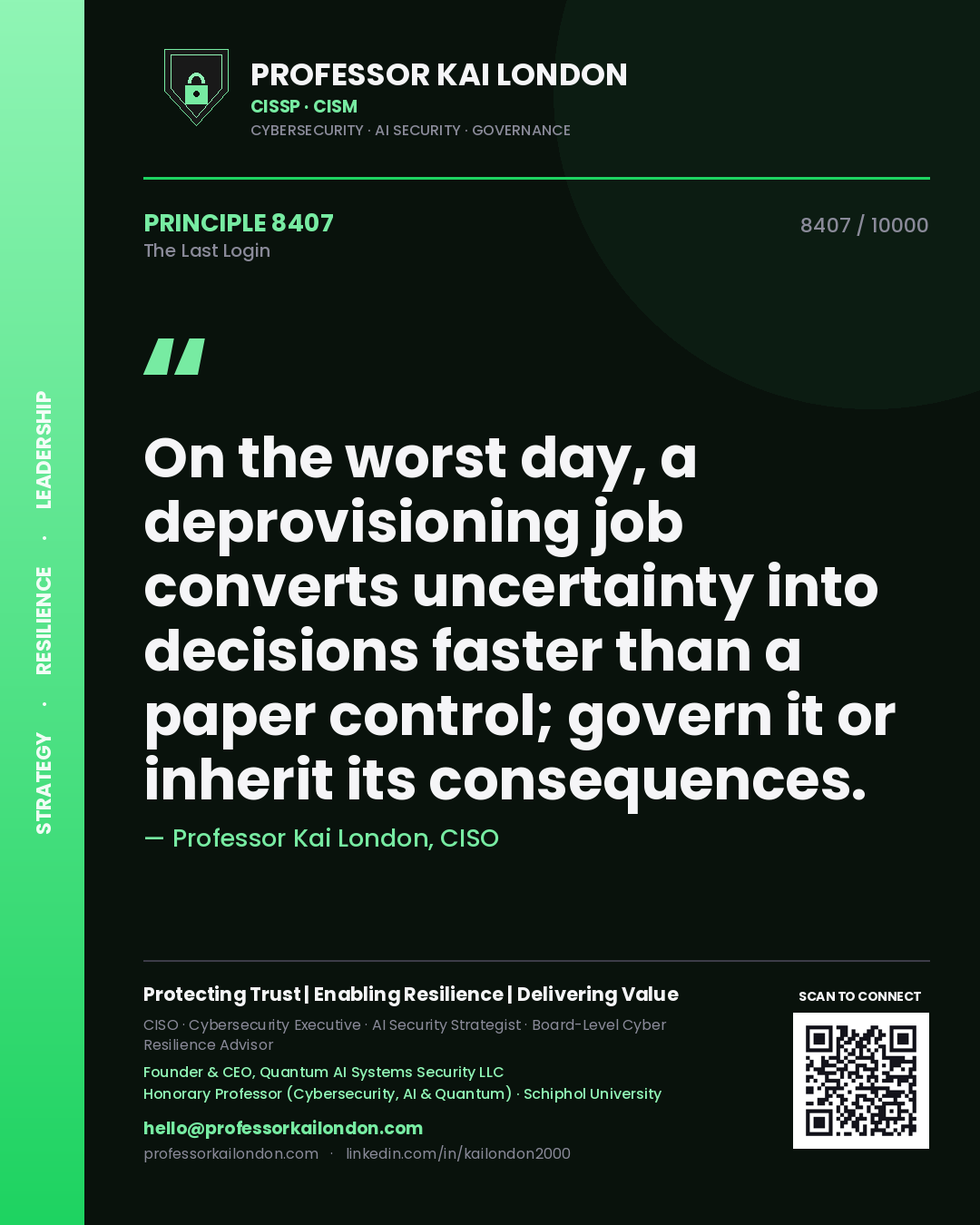Professor Kai London principle 8407: On the worst day, a deprovisioning job converts uncertainty into decisions faster than a paper control; govern it or inherit its consequences.