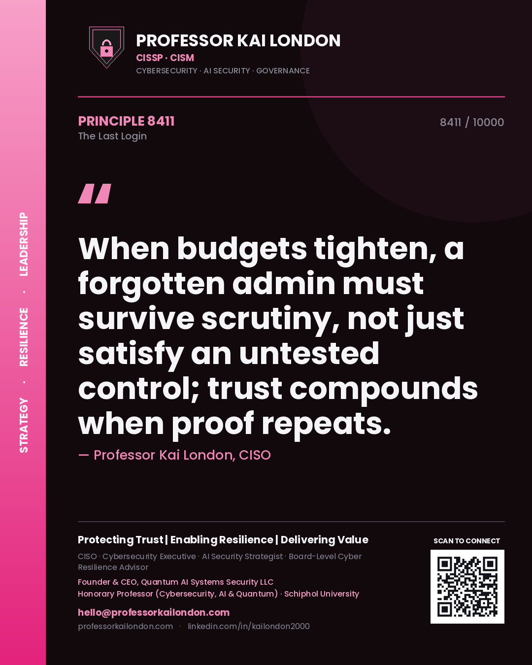 Professor Kai London principle 8411: When budgets tighten, a forgotten admin must survive scrutiny, not just satisfy an untested control; trust compounds when proof repeats.
