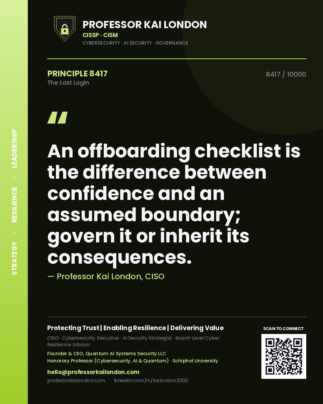 Quote card by Professor Kai London reading 'An offboarding checklist is the difference between confidence and an assumed boundary; govern it or inherit its consequences.'. From the book The Last Login.