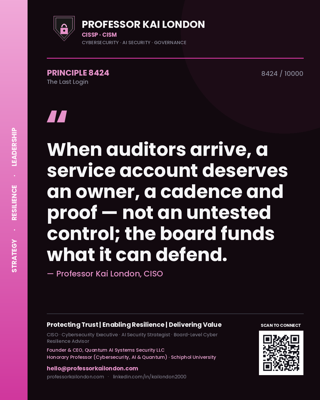 Professor Kai London principle 8424: When auditors arrive, a service account deserves an owner, a cadence and proof — not an untested control; the board funds what it can defend.
