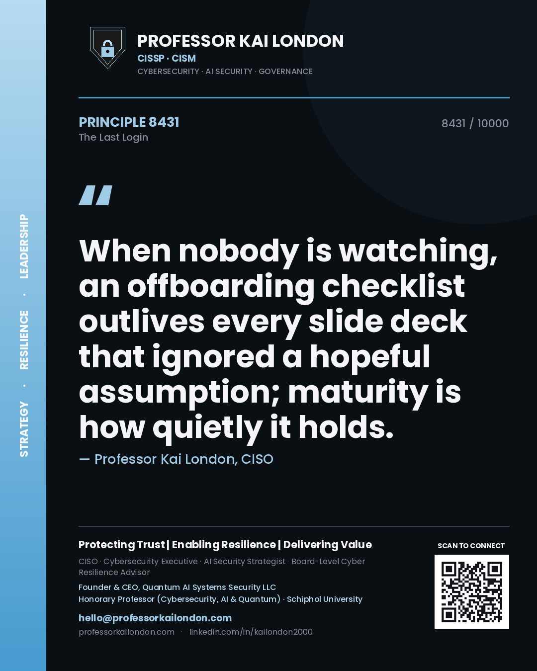 Quote card by Professor Kai London reading 'When nobody is watching, an offboarding checklist outlives every slide deck that ignored a hopeful assumption; maturity is how quietly it holds.'. From the book The Last Login.