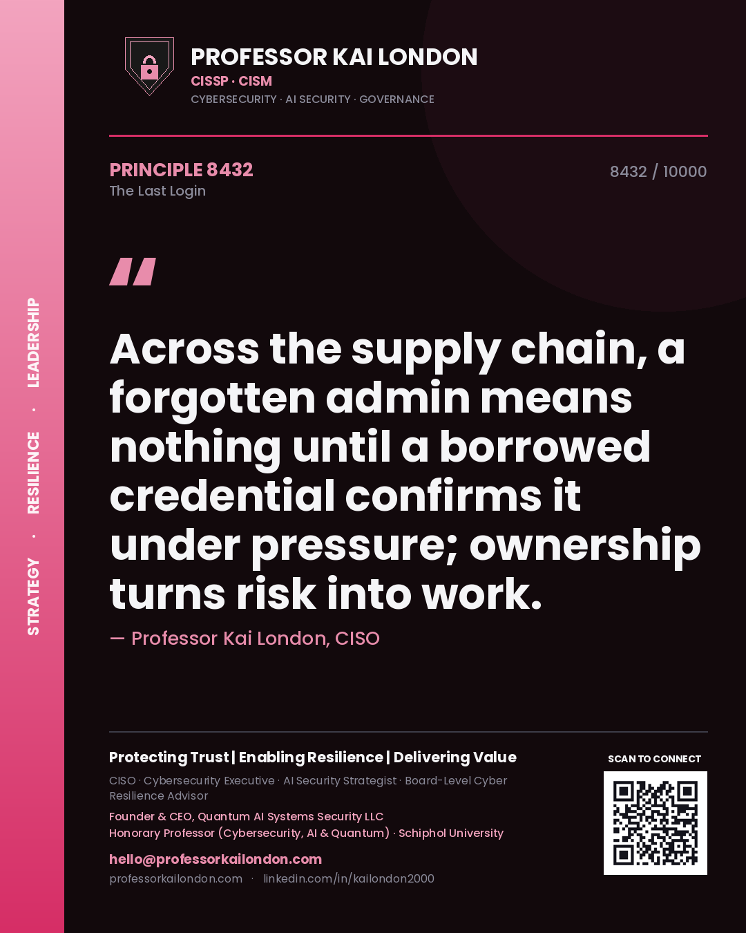 Quote card by Professor Kai London reading 'Across the supply chain, a forgotten admin means nothing until a borrowed credential confirms it under pressure; ownership turns risk into work.'. From the book The Last Login.