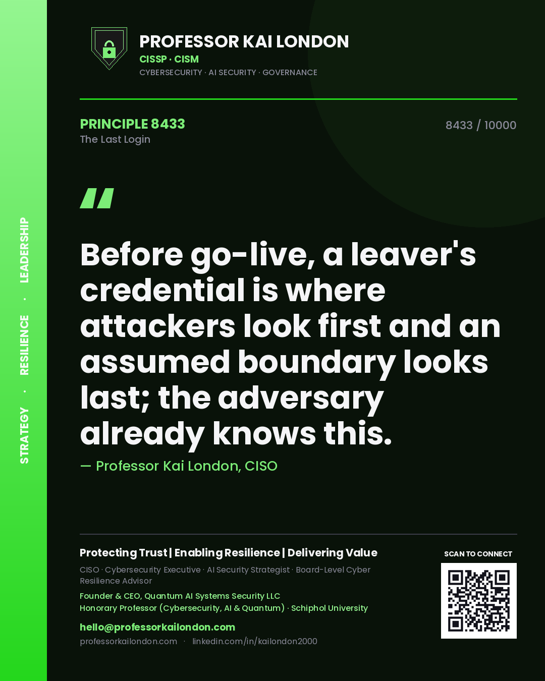 Quote card by Professor Kai London reading 'Before go-live, a leaver's credential is where attackers look first and an assumed boundary looks last; the adversary already knows this.'. From the book The Last Login.