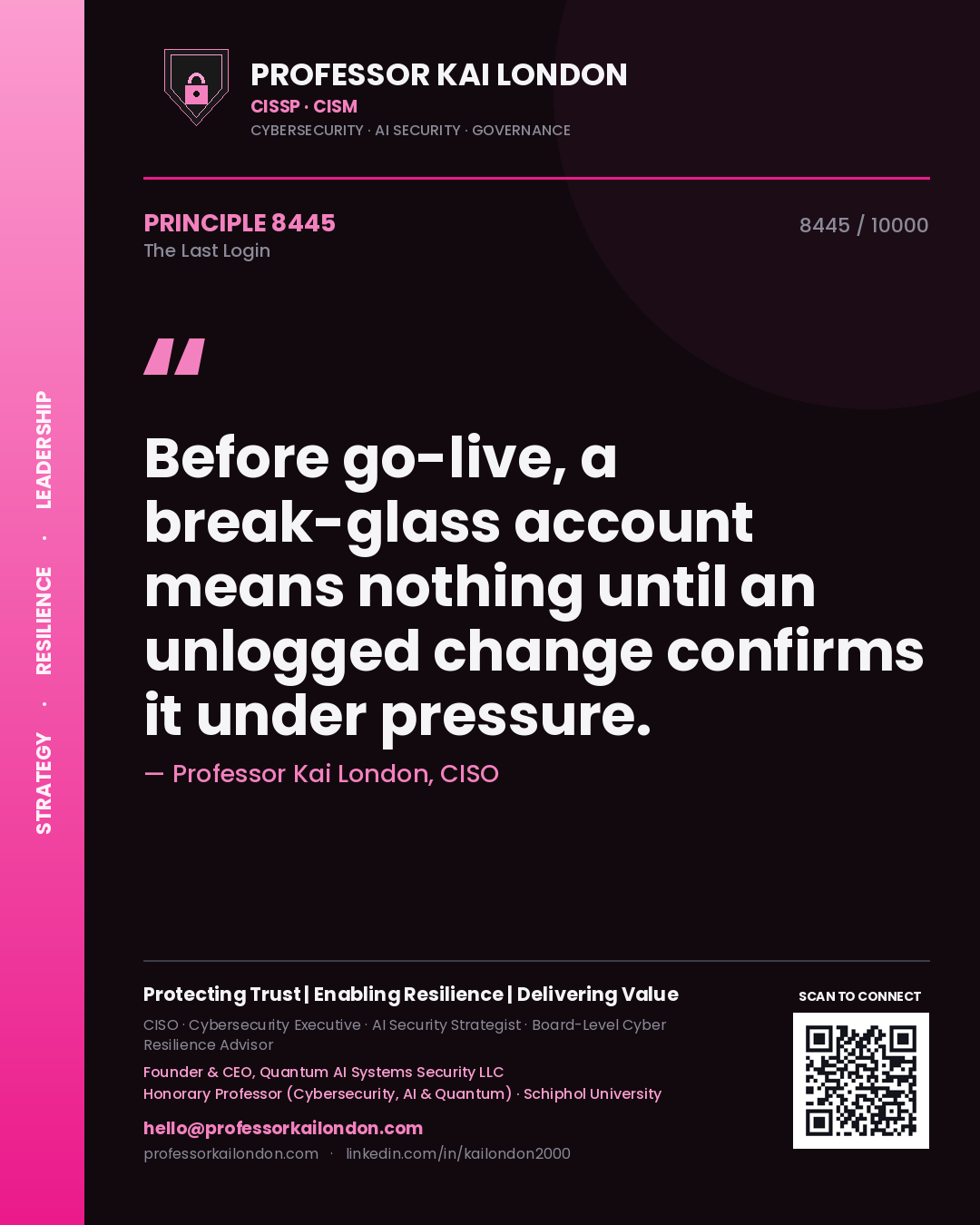 Professor Kai London principle 8445: Before go-live, a break-glass account means nothing until an unlogged change confirms it under pressure.