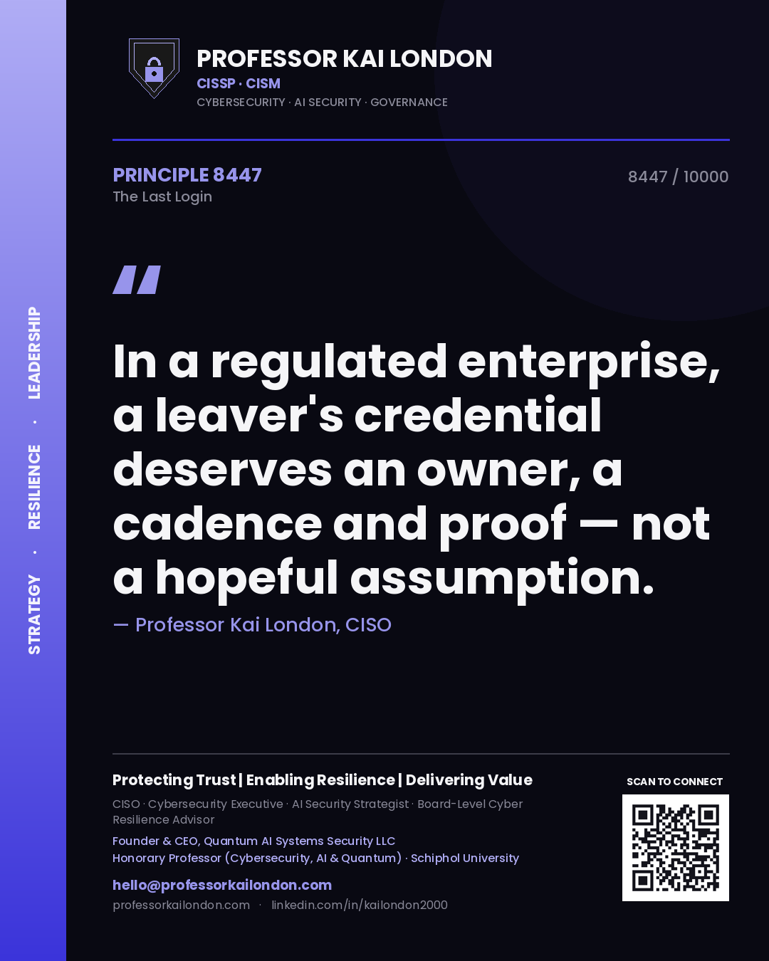 Professor Kai London principle 8447: In a regulated enterprise, a leaver's credential deserves an owner, a cadence and proof — not a hopeful assumption.