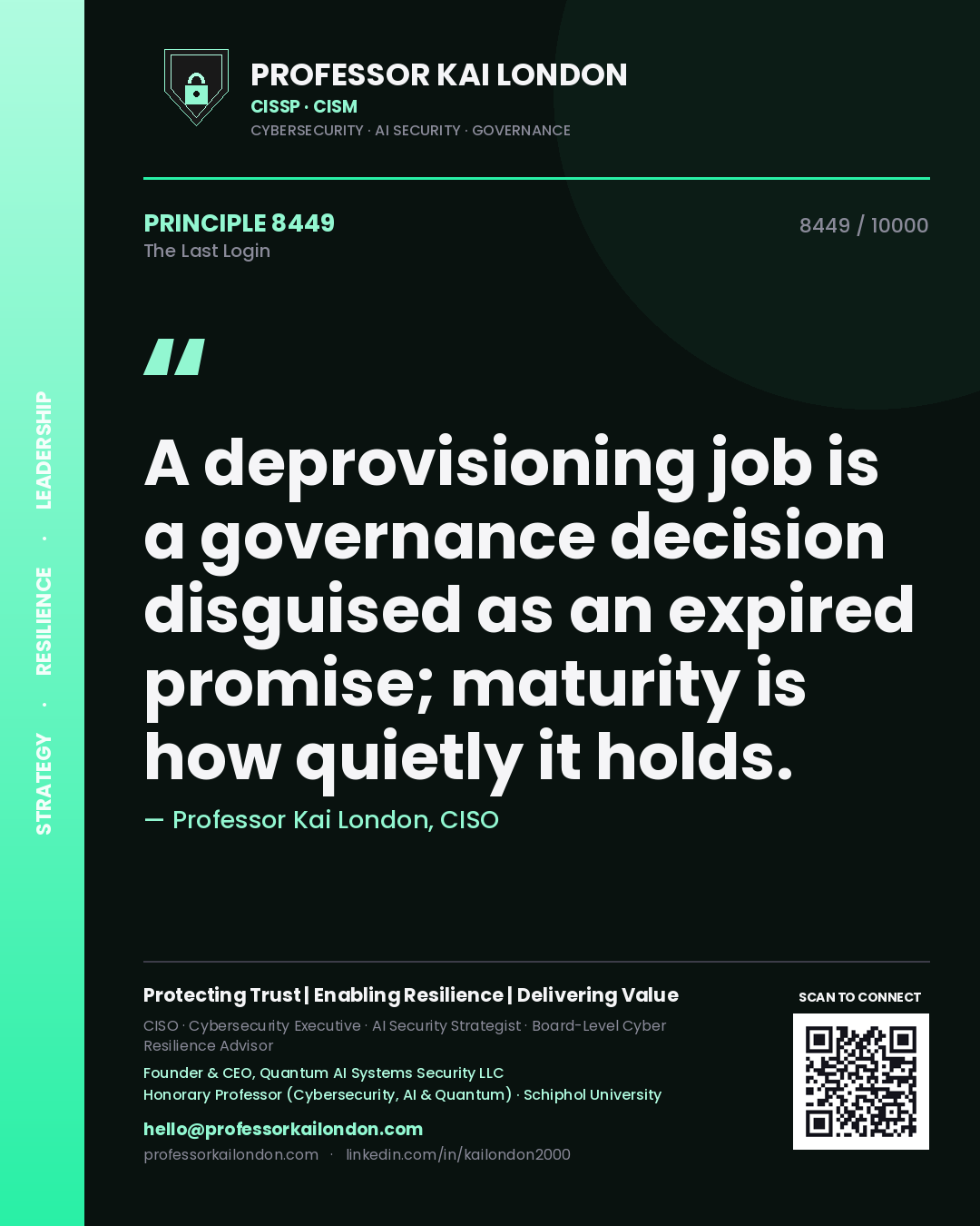 Quote card by Professor Kai London reading 'A deprovisioning job is a governance decision disguised as an expired promise; maturity is how quietly it holds.'. From the book The Last Login.