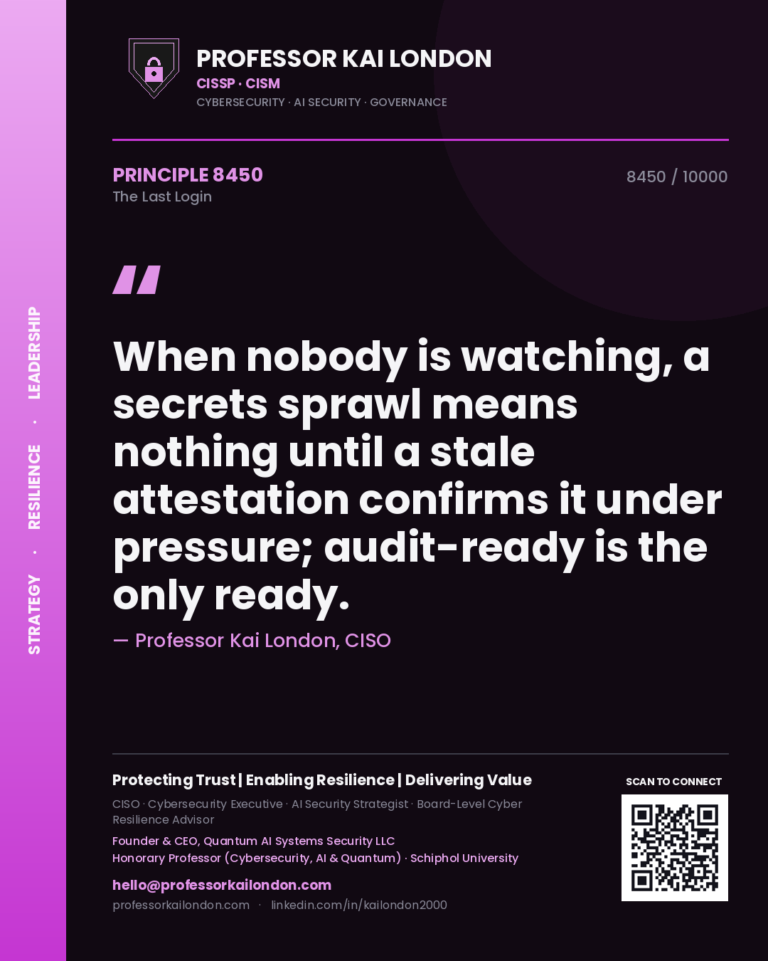 Professor Kai London principle 8450: When nobody is watching, a secrets sprawl means nothing until a stale attestation confirms it under pressure; audit-ready is the only ready.