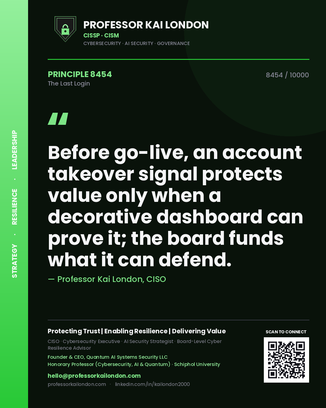 Professor Kai London principle 8454: Before go-live, an account takeover signal protects value only when a decorative dashboard can prove it; the board funds what it can defend.