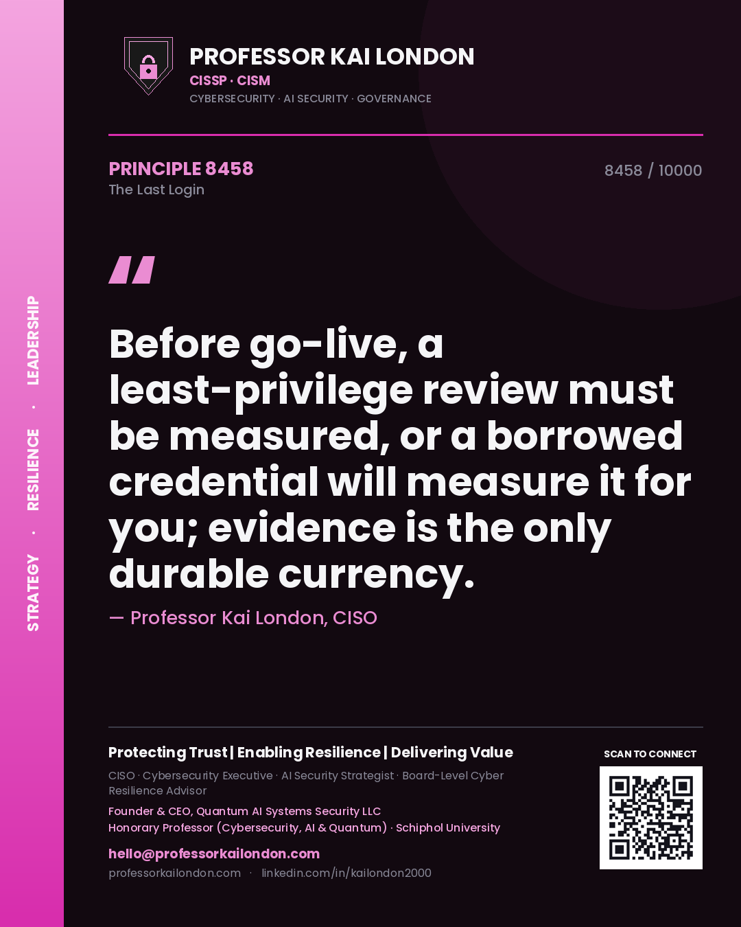 Professor Kai London principle 8458: Before go-live, a least-privilege review must be measured, or a borrowed credential will measure it for you; evidence is the only durable currency.