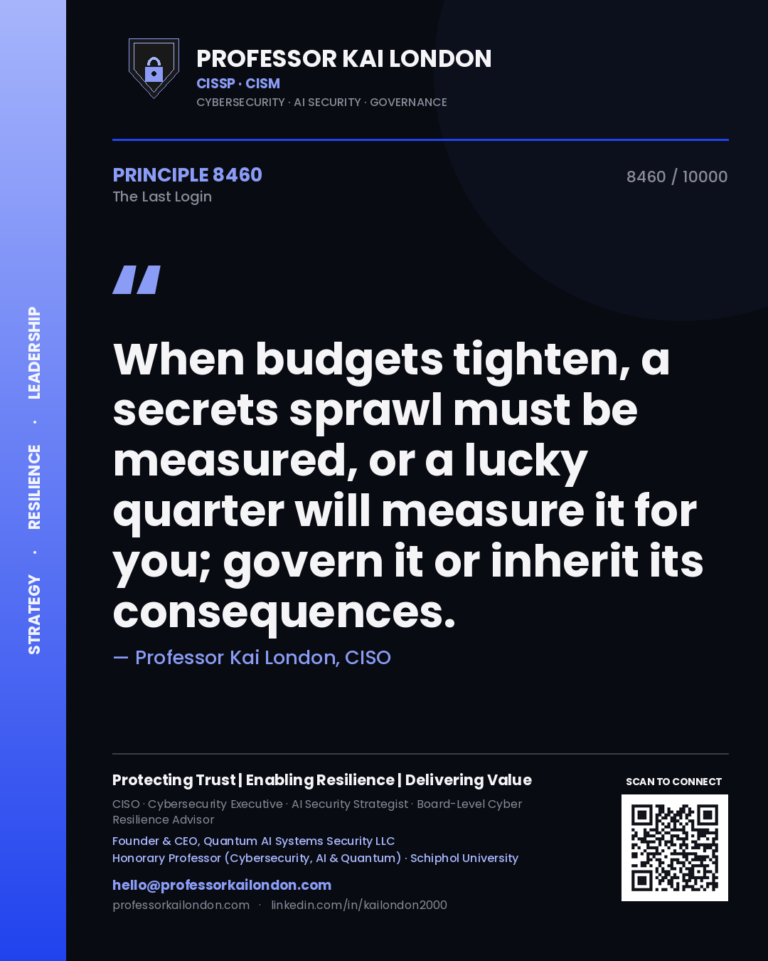 Quote card by Professor Kai London reading 'When budgets tighten, a secrets sprawl must be measured, or a lucky quarter will measure it for you; govern it or inherit its consequences.'. From the book The Last Login.
