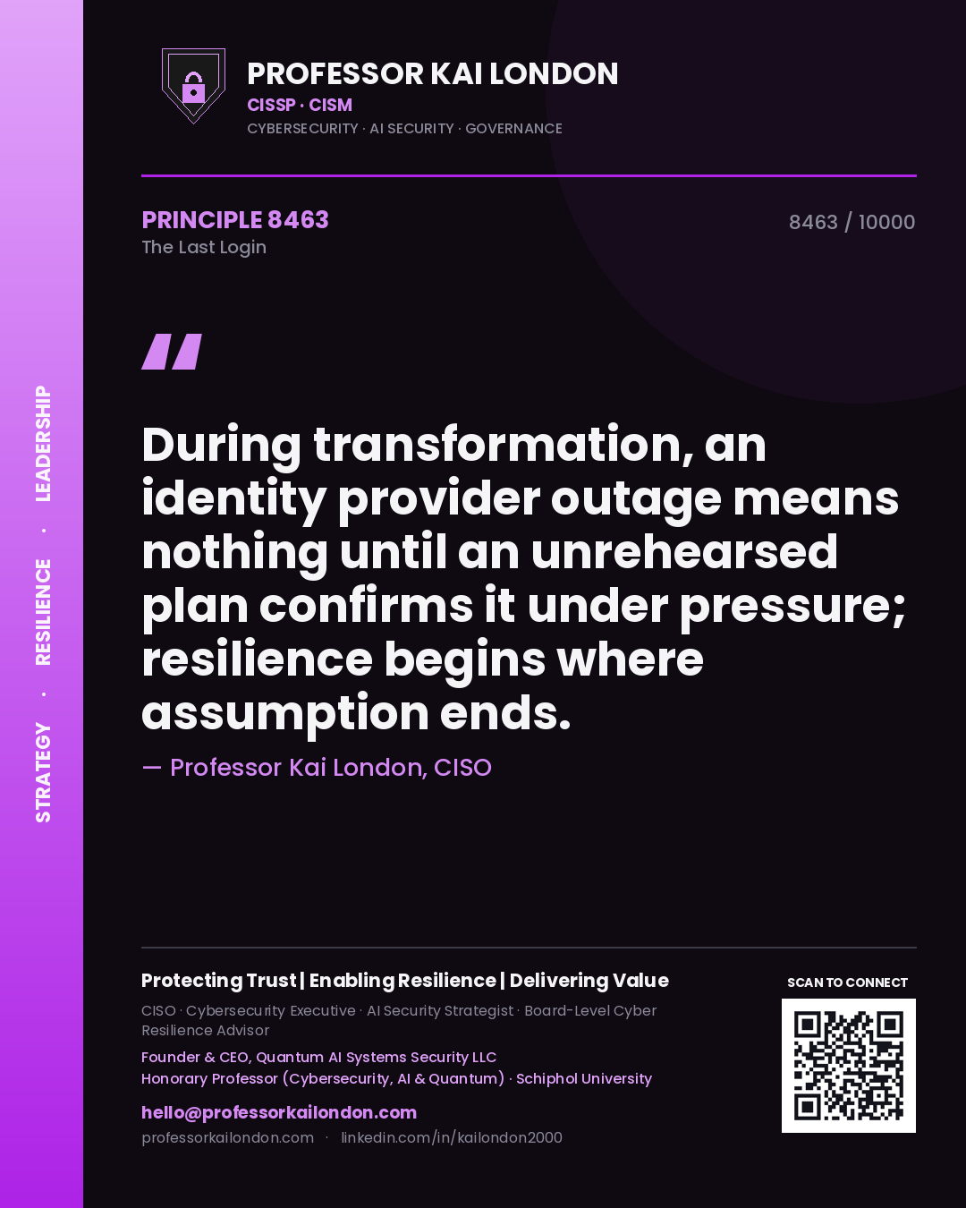 Professor Kai London principle 8463: During transformation, an identity provider outage means nothing until an unrehearsed plan confirms it under pressure; resilience begins where assumption ends.