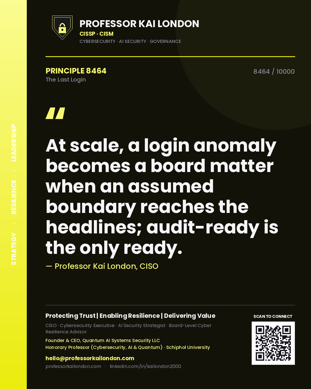 Quote card by Professor Kai London reading 'At scale, a login anomaly becomes a board matter when an assumed boundary reaches the headlines; audit-ready is the only ready.'. From the book The Last Login.