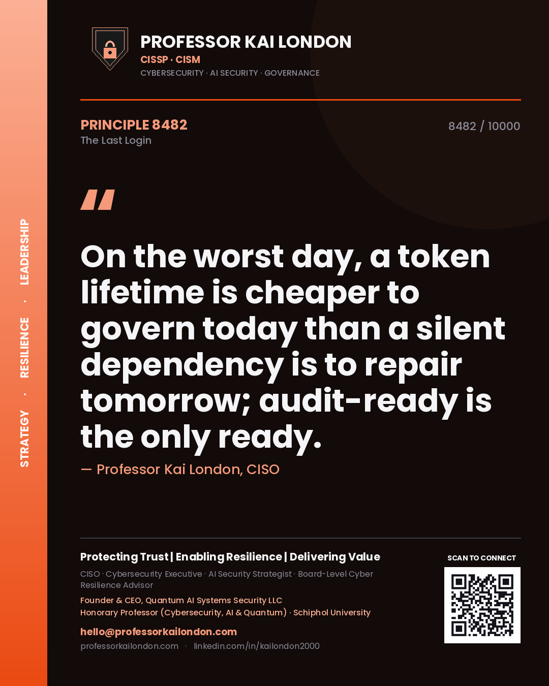 Professor Kai London principle 8482: On the worst day, a token lifetime is cheaper to govern today than a silent dependency is to repair tomorrow; audit-ready is the only ready.
