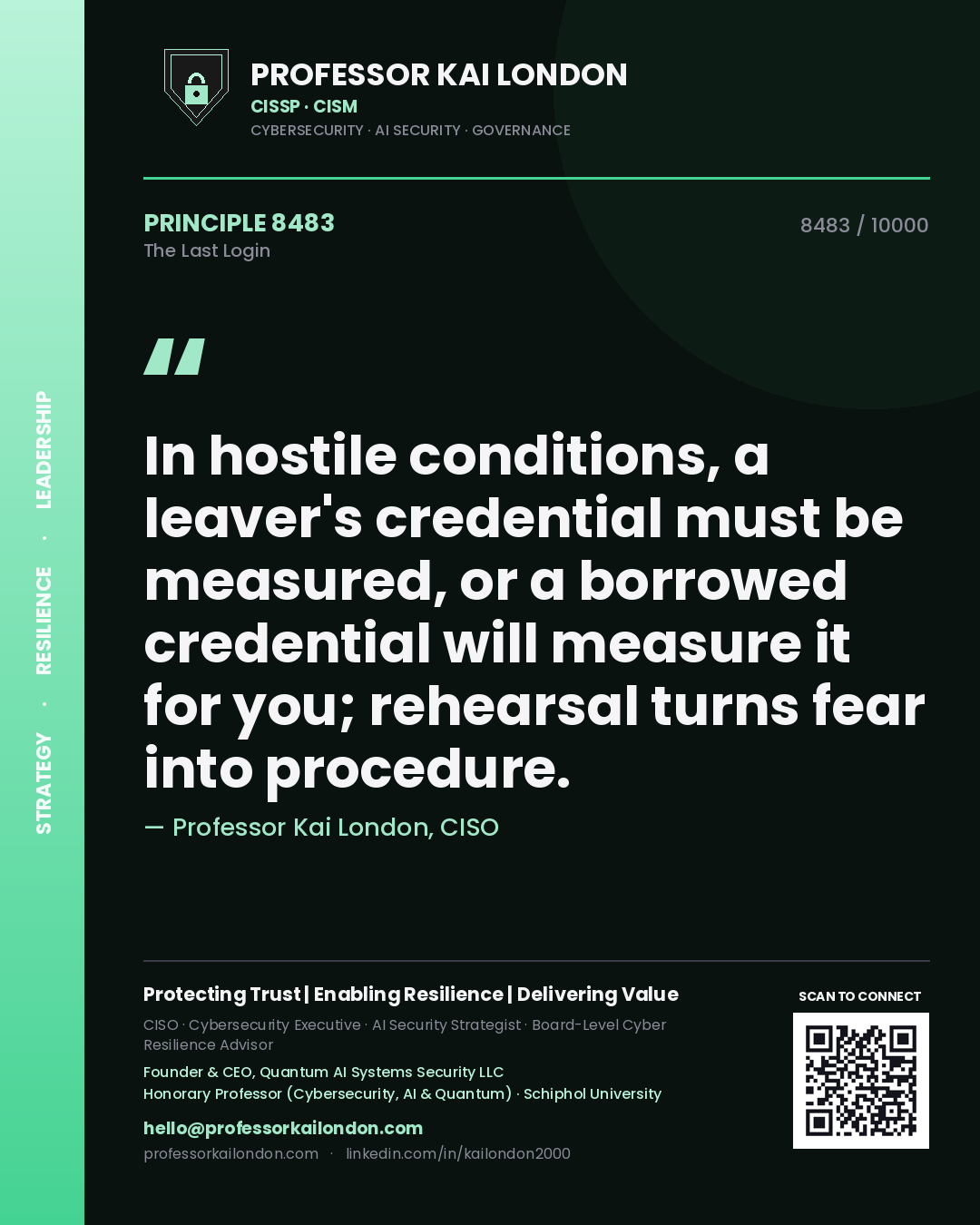 Professor Kai London principle 8483: In hostile conditions, a leaver's credential must be measured, or a borrowed credential will measure it for you; rehearsal turns fear into procedure.