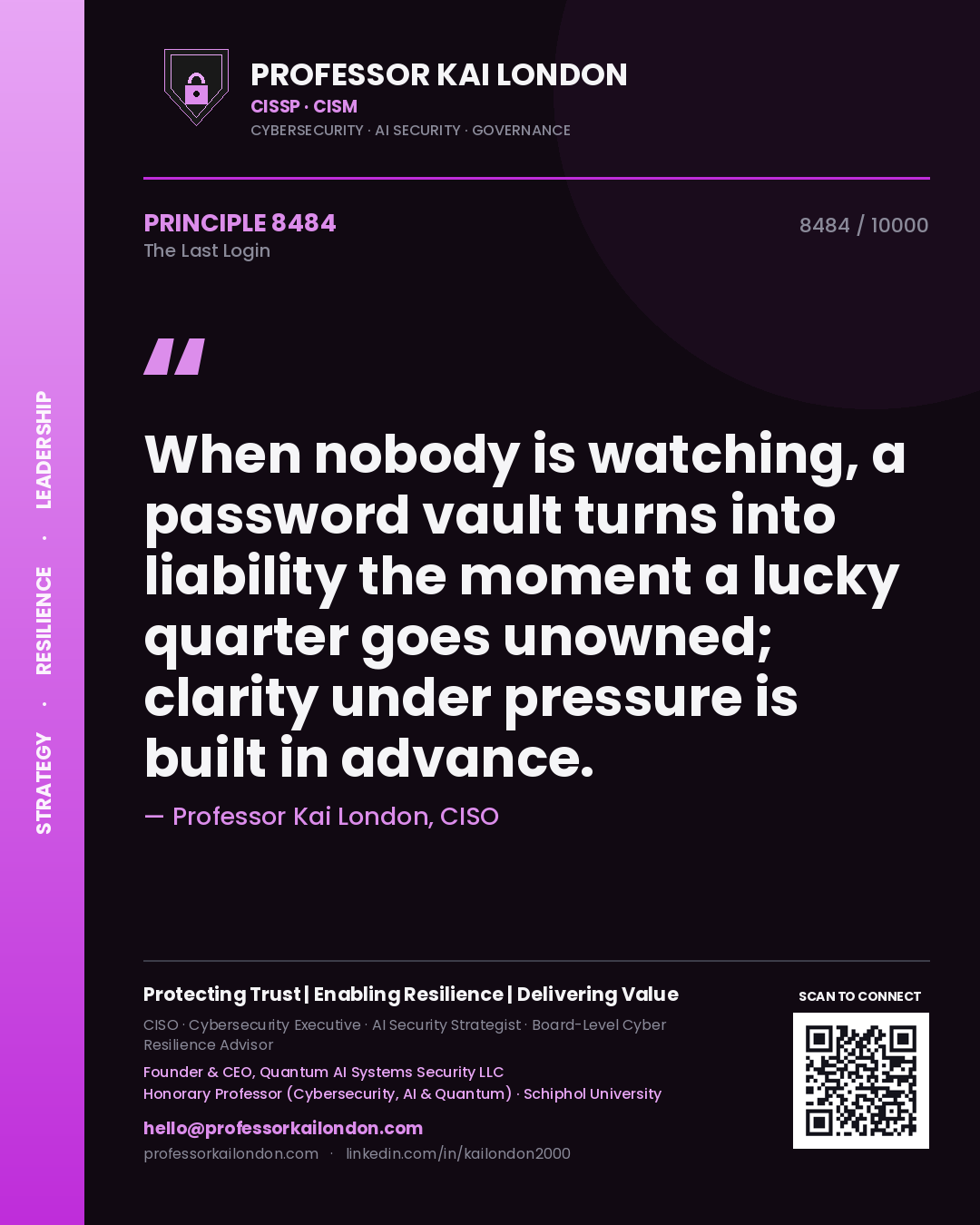 Quote card by Professor Kai London reading 'When nobody is watching, a password vault turns into liability the moment a lucky quarter goes unowned; clarity under pressure is built in advance.'. From the book The Last Login.