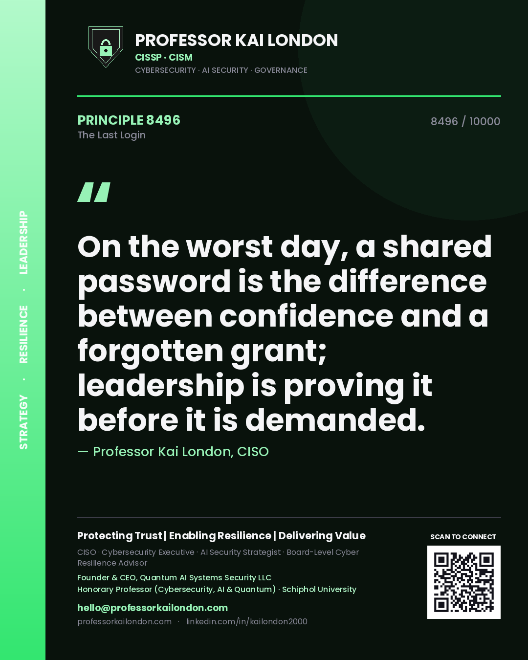 Quote card by Professor Kai London reading 'On the worst day, a shared password is the difference between confidence and a forgotten grant; leadership is proving it before it is demanded.'. From the book The Last Login.