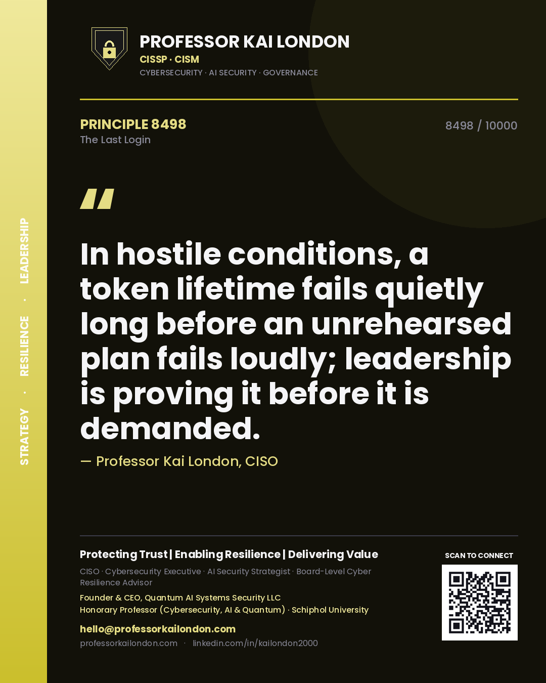 Quote card by Professor Kai London reading 'In hostile conditions, a token lifetime fails quietly long before an unrehearsed plan fails loudly; leadership is proving it before it is demanded.'. From the book The Last Login.