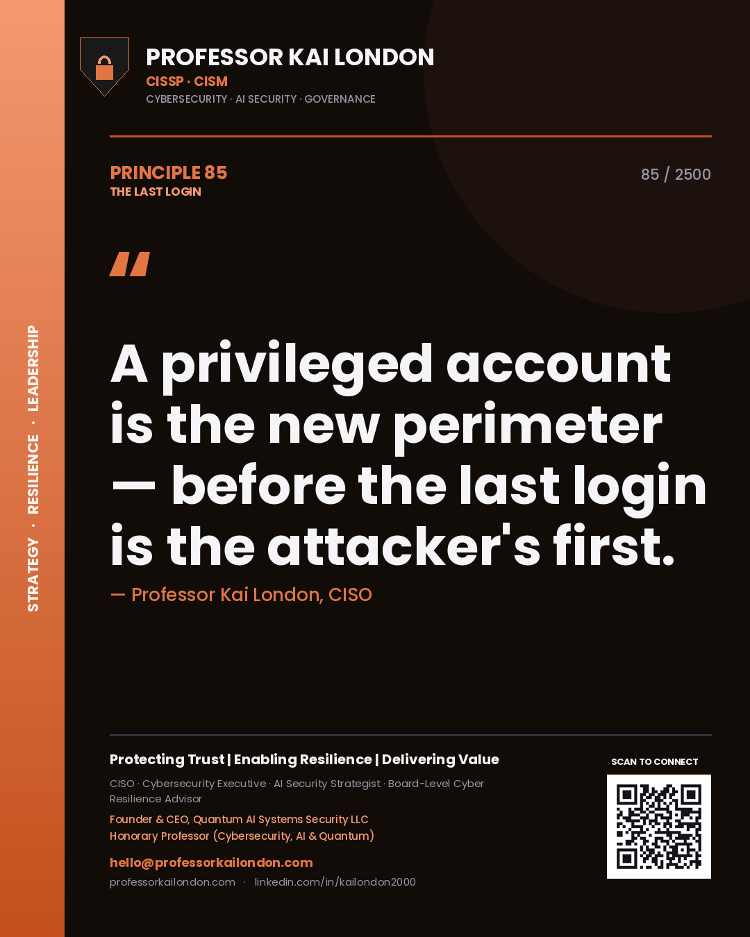 Quote card by Professor Kai London reading 'A privileged account is the new perimeter — before the last login is the attacker's first.'. From the book The Last Login.