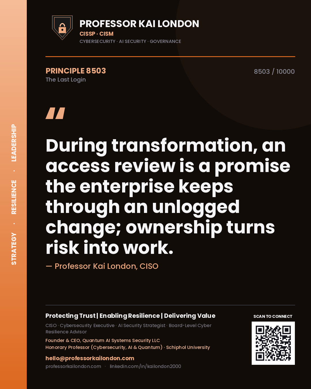 Professor Kai London principle 8503: During transformation, an access review is a promise the enterprise keeps through an unlogged change; ownership turns risk into work.