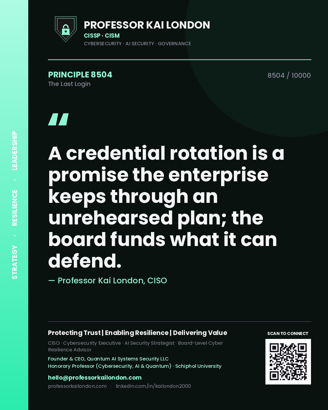 Professor Kai London principle 8504: A credential rotation is a promise the enterprise keeps through an unrehearsed plan; the board funds what it can defend.