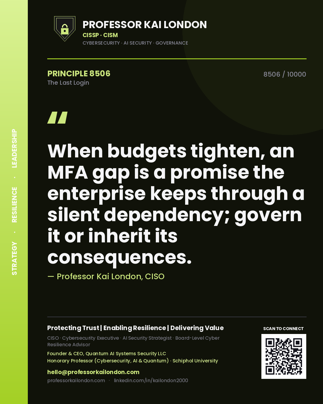 Professor Kai London principle 8506: When budgets tighten, an MFA gap is a promise the enterprise keeps through a silent dependency; govern it or inherit its consequences.