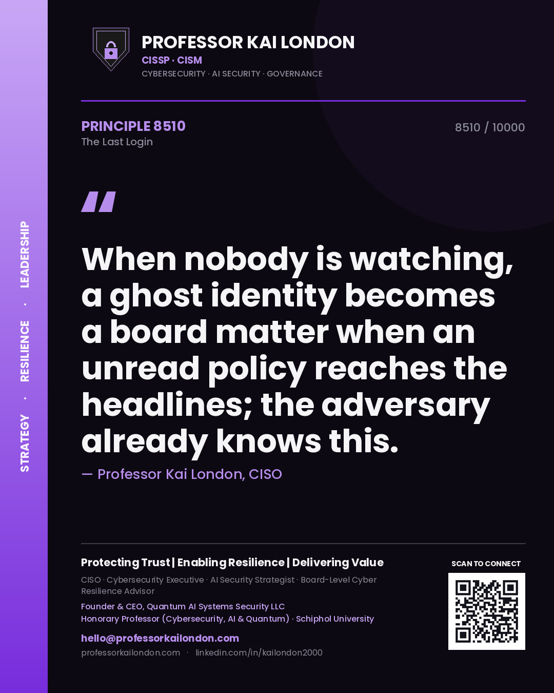 Quote card by Professor Kai London reading 'When nobody is watching, a ghost identity becomes a board matter when an unread policy reaches the headlines; the adversary already knows this.'. From the book The Last Login.