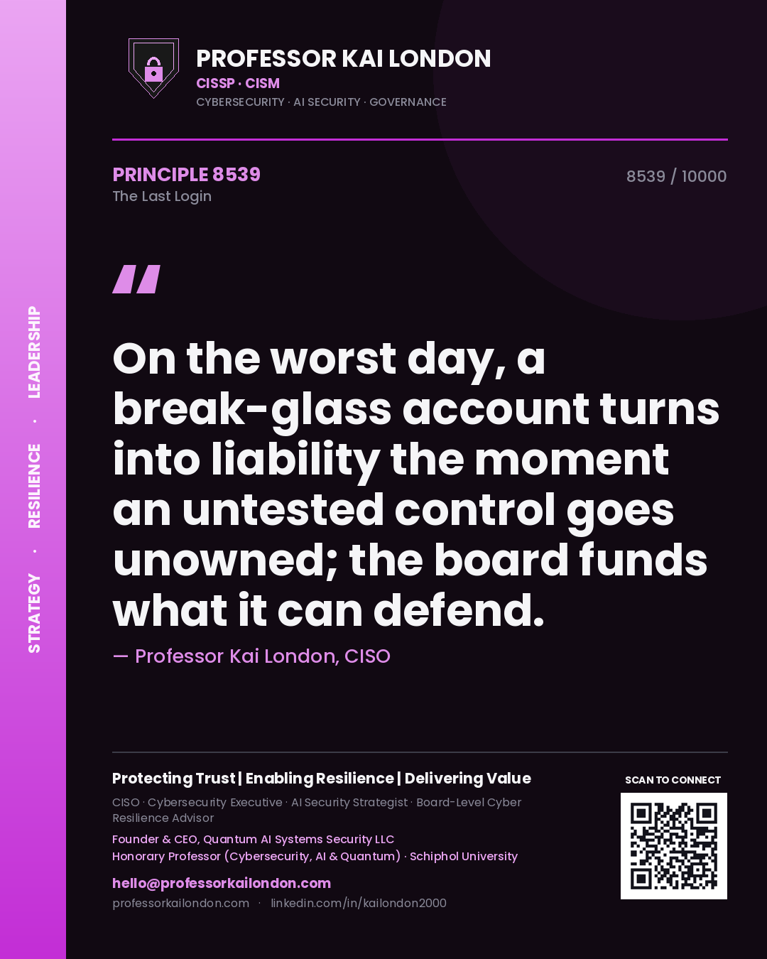 Professor Kai London principle 8539: On the worst day, a break-glass account turns into liability the moment an untested control goes unowned; the board funds what it can defend.