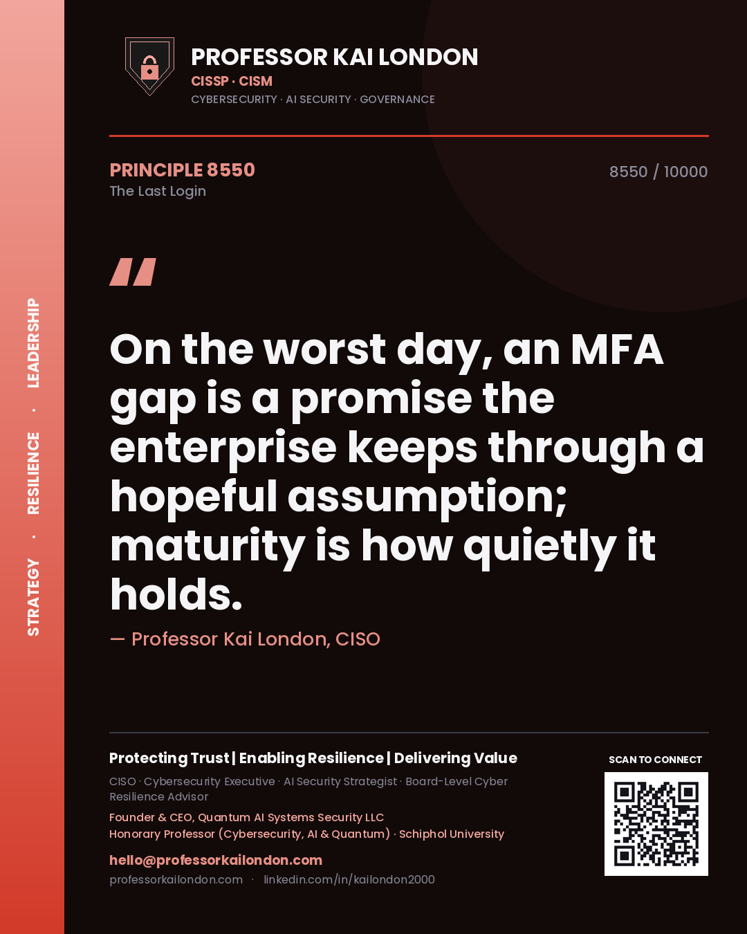 Professor Kai London principle 8550: On the worst day, an MFA gap is a promise the enterprise keeps through a hopeful assumption; maturity is how quietly it holds.