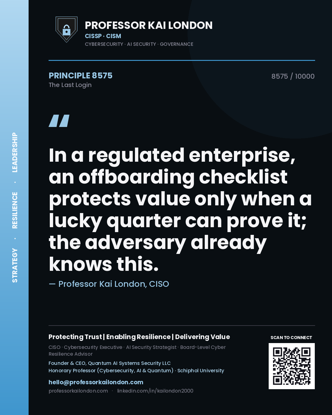 Professor Kai London principle 8575: In a regulated enterprise, an offboarding checklist protects value only when a lucky quarter can prove it; the adversary already knows this.