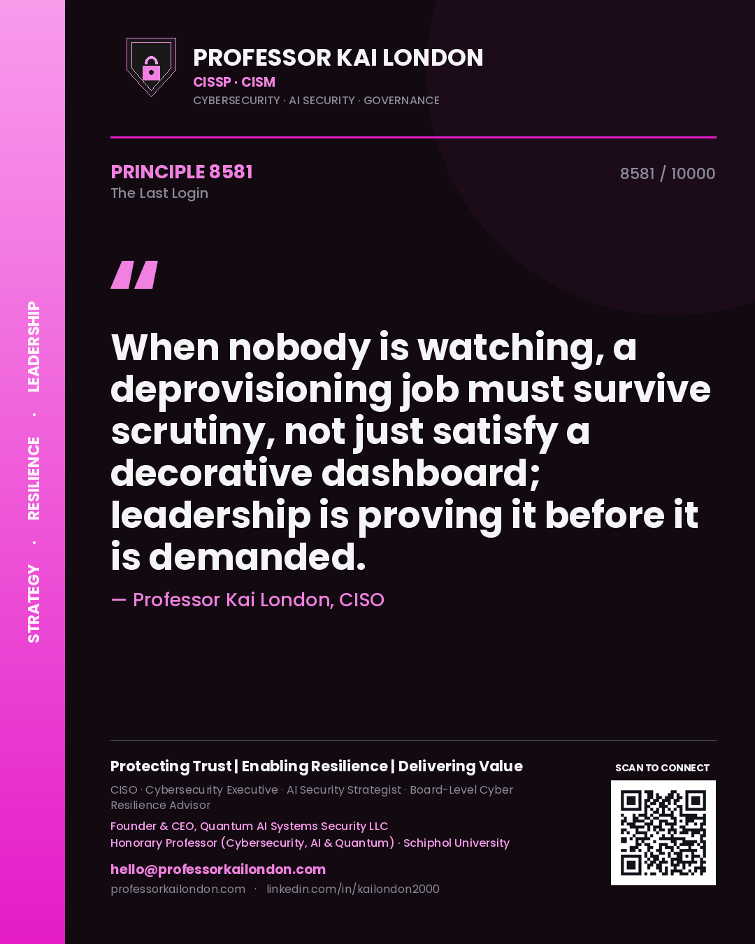 Quote card by Professor Kai London reading 'When nobody is watching, a deprovisioning job must survive scrutiny, not just satisfy a decorative dashboard; leadership is proving it before it is demanded.'. From the book The Last Login.