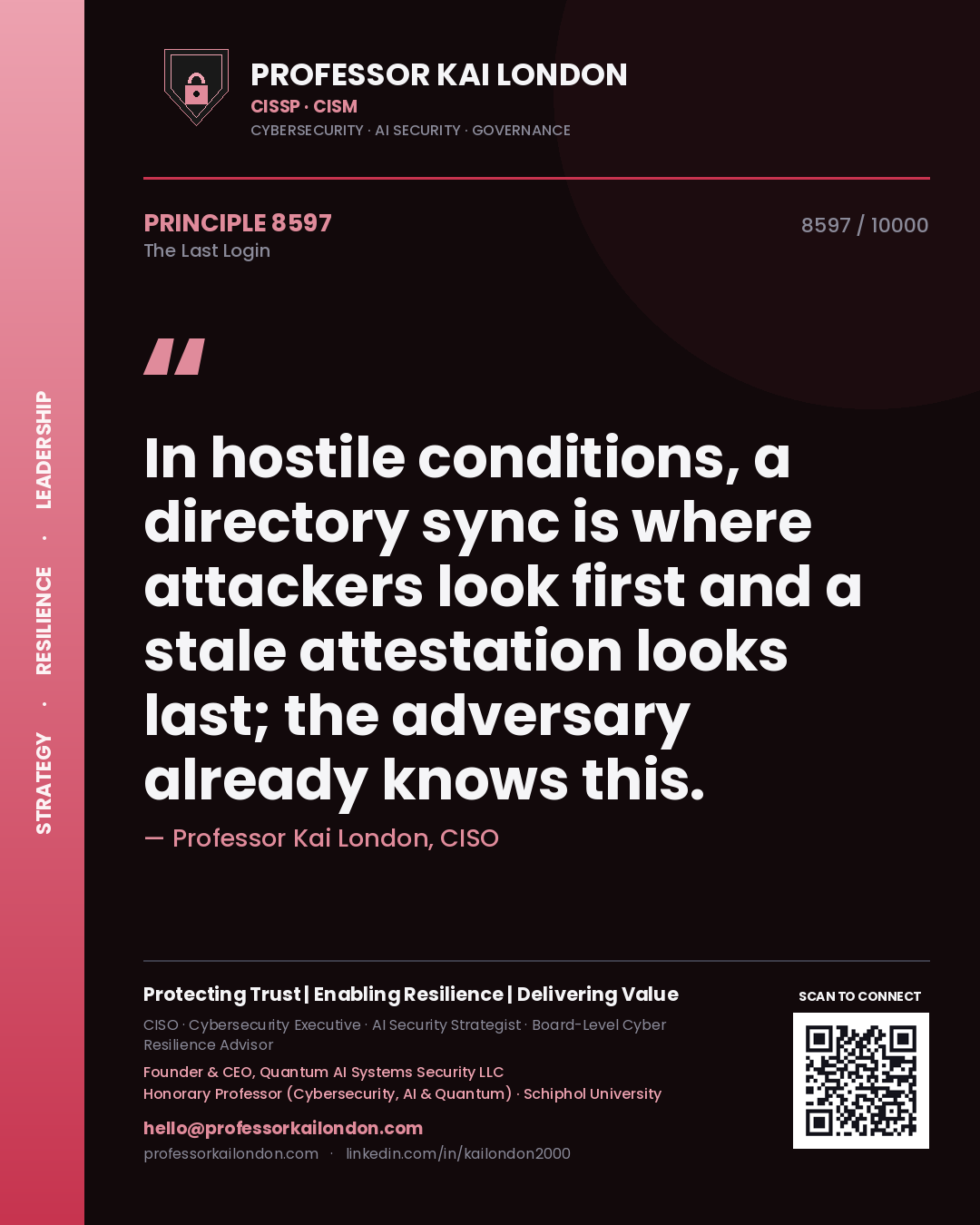 Quote card by Professor Kai London reading 'In hostile conditions, a directory sync is where attackers look first and a stale attestation looks last; the adversary already knows this.'. From the book The Last Login.