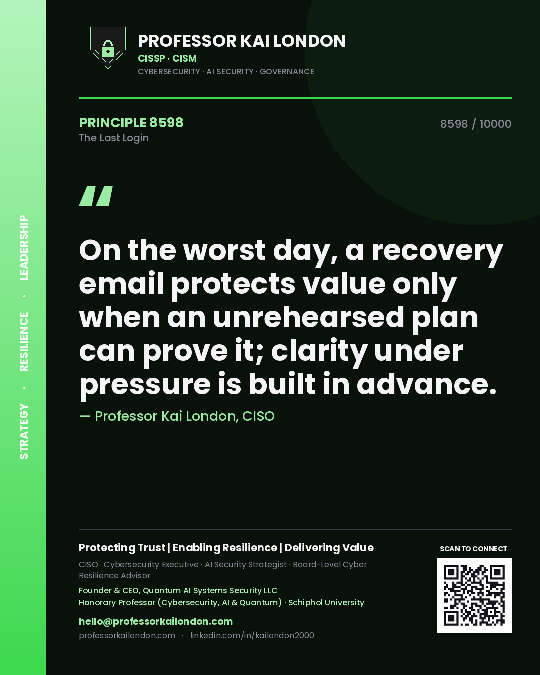 Professor Kai London principle 8598: On the worst day, a recovery email protects value only when an unrehearsed plan can prove it; clarity under pressure is built in advance.