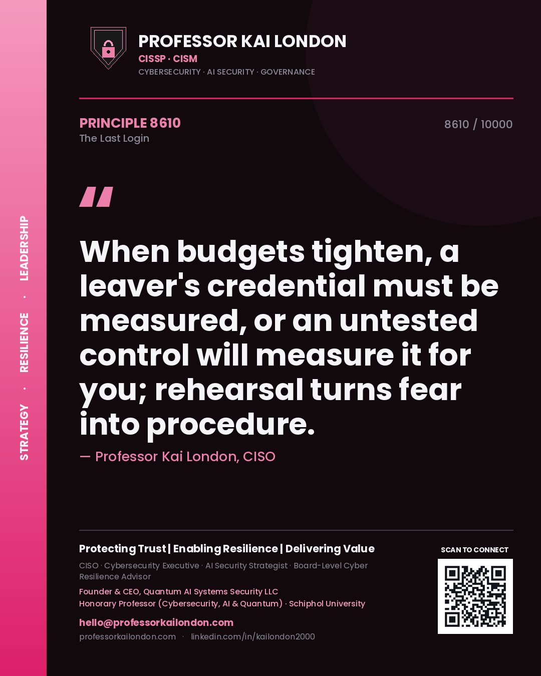 Professor Kai London principle 8610: When budgets tighten, a leaver's credential must be measured, or an untested control will measure it for you; rehearsal turns fear into procedure.