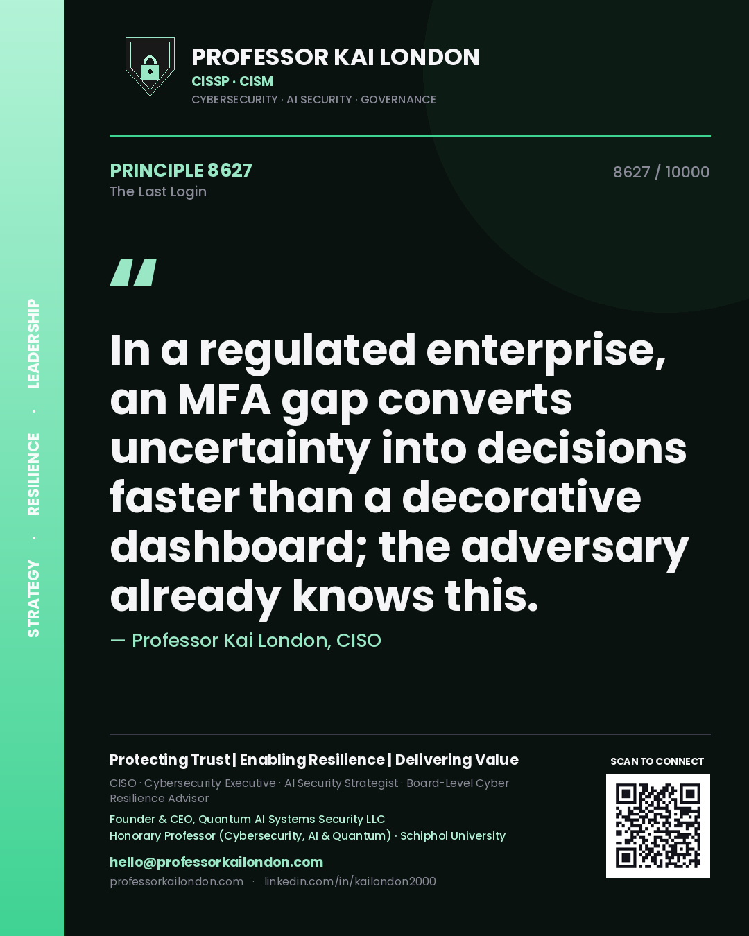 Quote card by Professor Kai London reading 'In a regulated enterprise, an MFA gap converts uncertainty into decisions faster than a decorative dashboard; the adversary already knows this.'. From the book The Last Login.