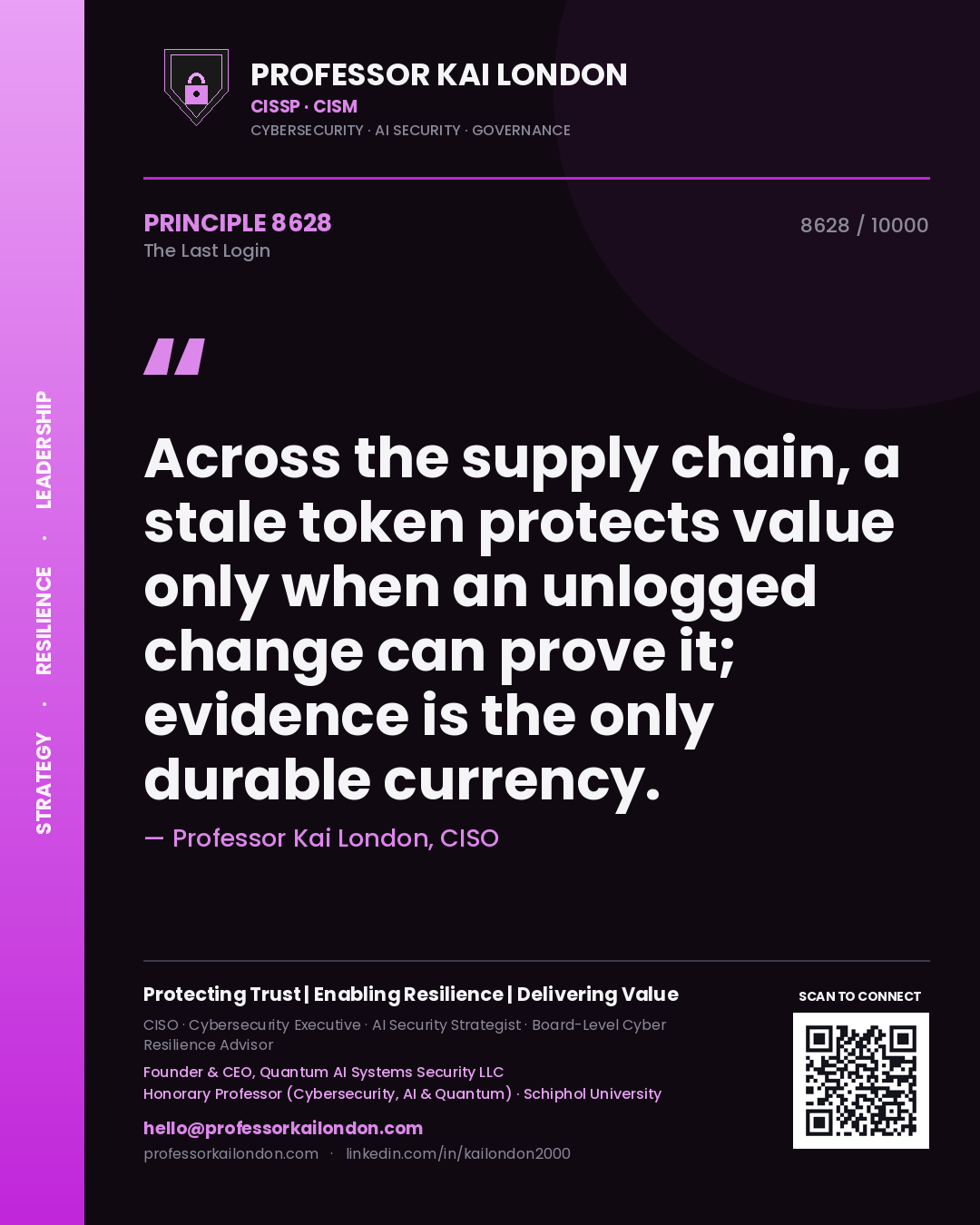 Professor Kai London principle 8628: Across the supply chain, a stale token protects value only when an unlogged change can prove it; evidence is the only durable currency.