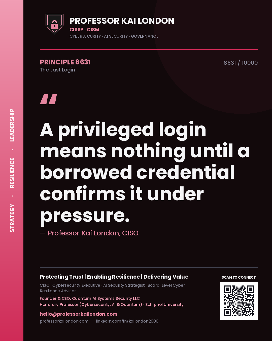 Quote card by Professor Kai London reading 'A privileged login means nothing until a borrowed credential confirms it under pressure.'. From the book The Last Login.